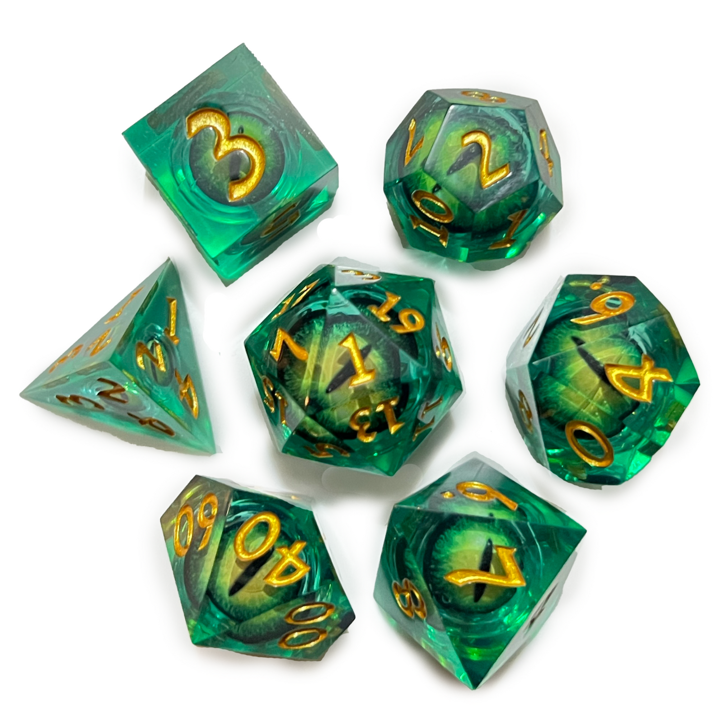 Green Dragon Eyeball Liquid Core Dice Set for D&D Pathfinder Cat Eye