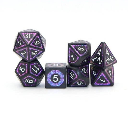 Black Metal Pink Glitter Inlay Dice Set for D&D Pathfinder RPG Purple - DCE47 - Merchants of Immersion