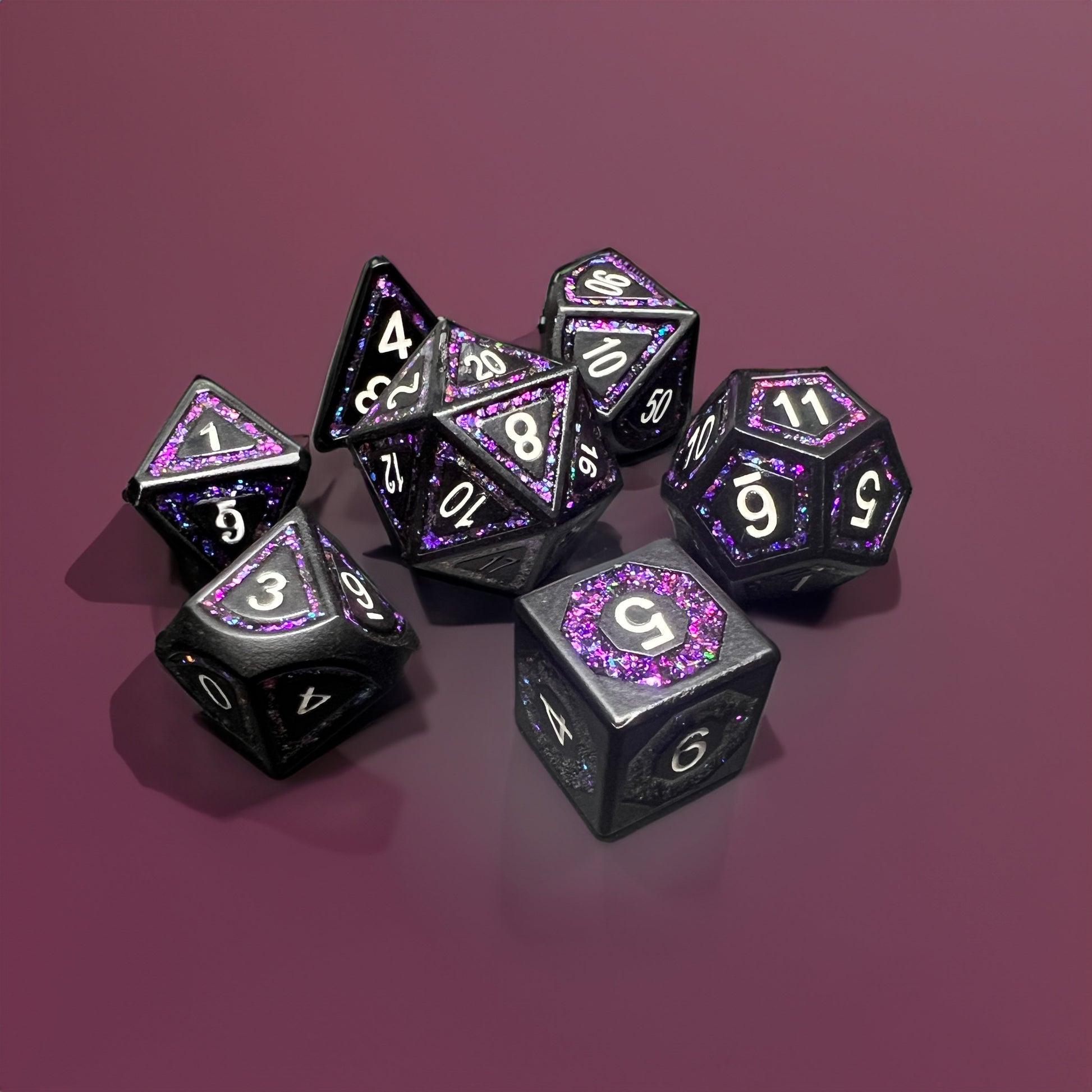 Black Metal Pink Glitter Inlay Dice Set for D&D Pathfinder RPG Purple - DCE47 - Merchants of Immersion