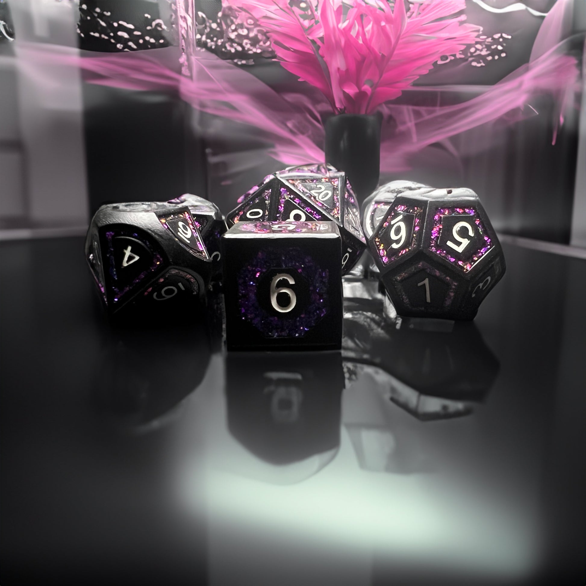 Black Metal Pink Glitter Inlay Dice Set for D&D Pathfinder RPG Purple - DCE47 - Merchants of Immersion