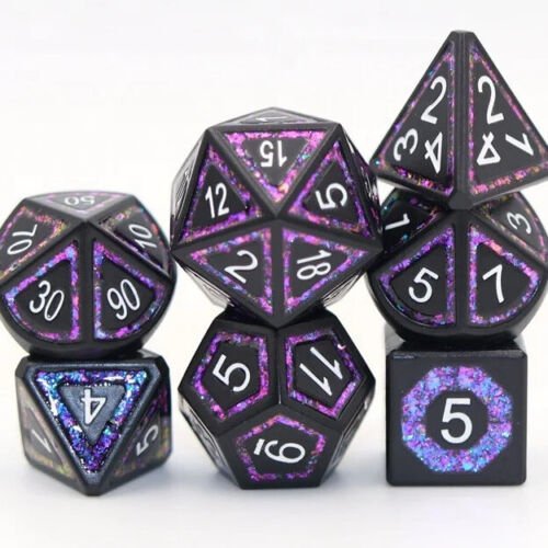 Black Metal Pink Glitter Inlay Dice Set for D&D Pathfinder RPG Purple - DCE47 - Merchants of Immersion