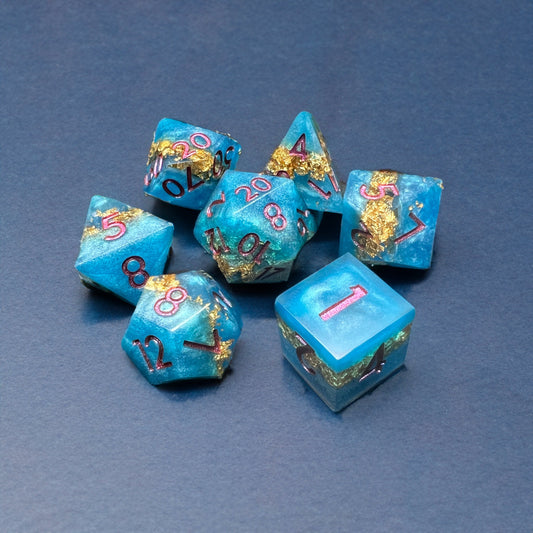 Blue Gold Foil Dice Set for D&D Pathfinder Golden Sapphire - DCE46 - Merchants of Immersion