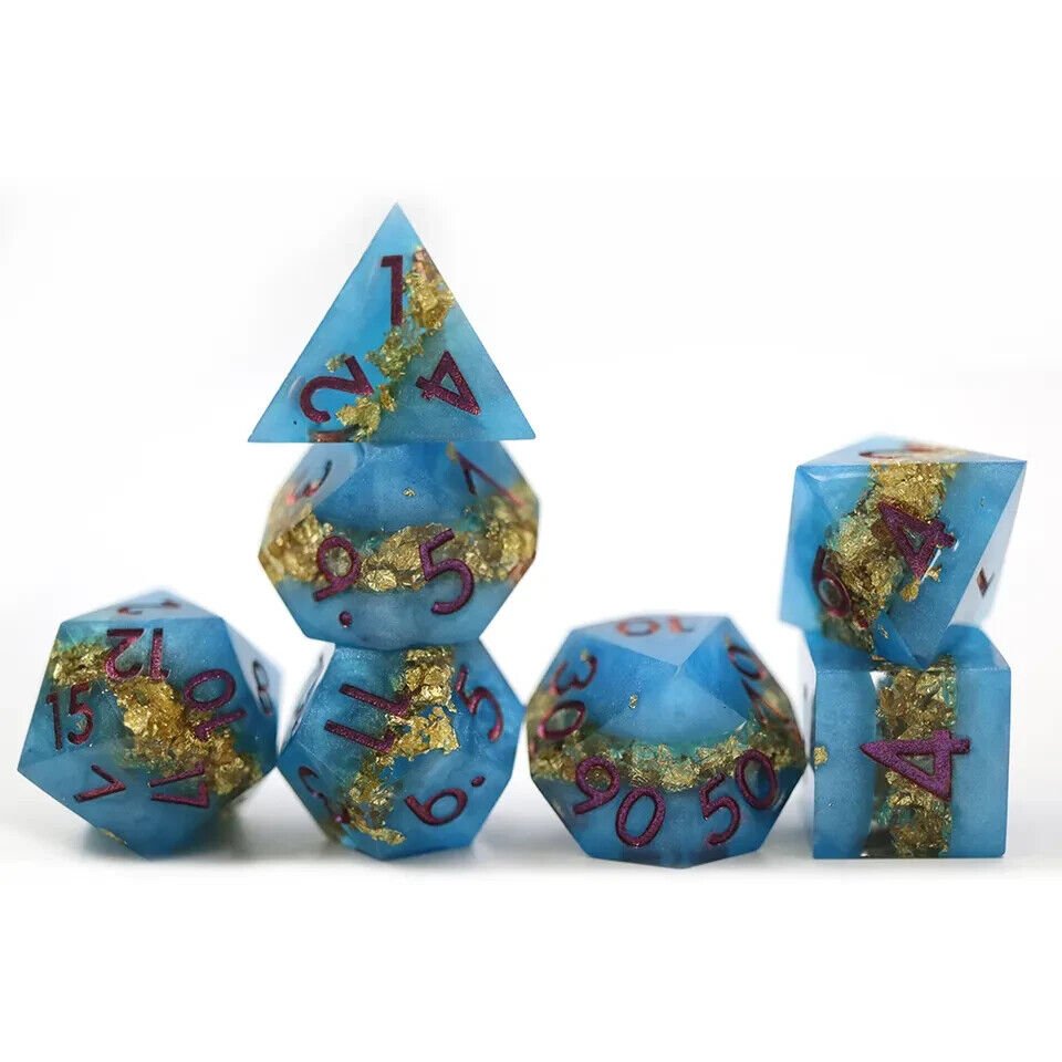 Blue Gold Foil Dice Set for D&D Pathfinder Golden Sapphire - DCE46 - Merchants of Immersion