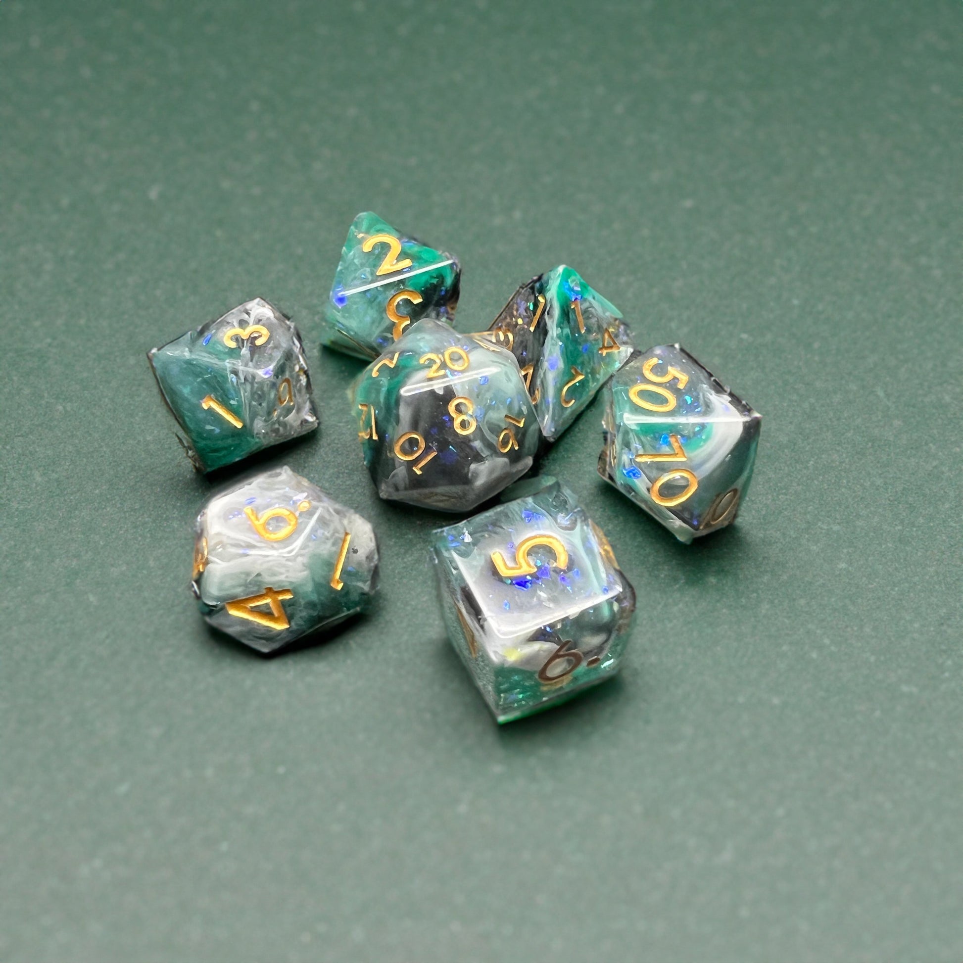 Green & White Glitter Swirl Dice for D&D Pathfinder RPG Clear - DCE45 - Merchants of Immersion