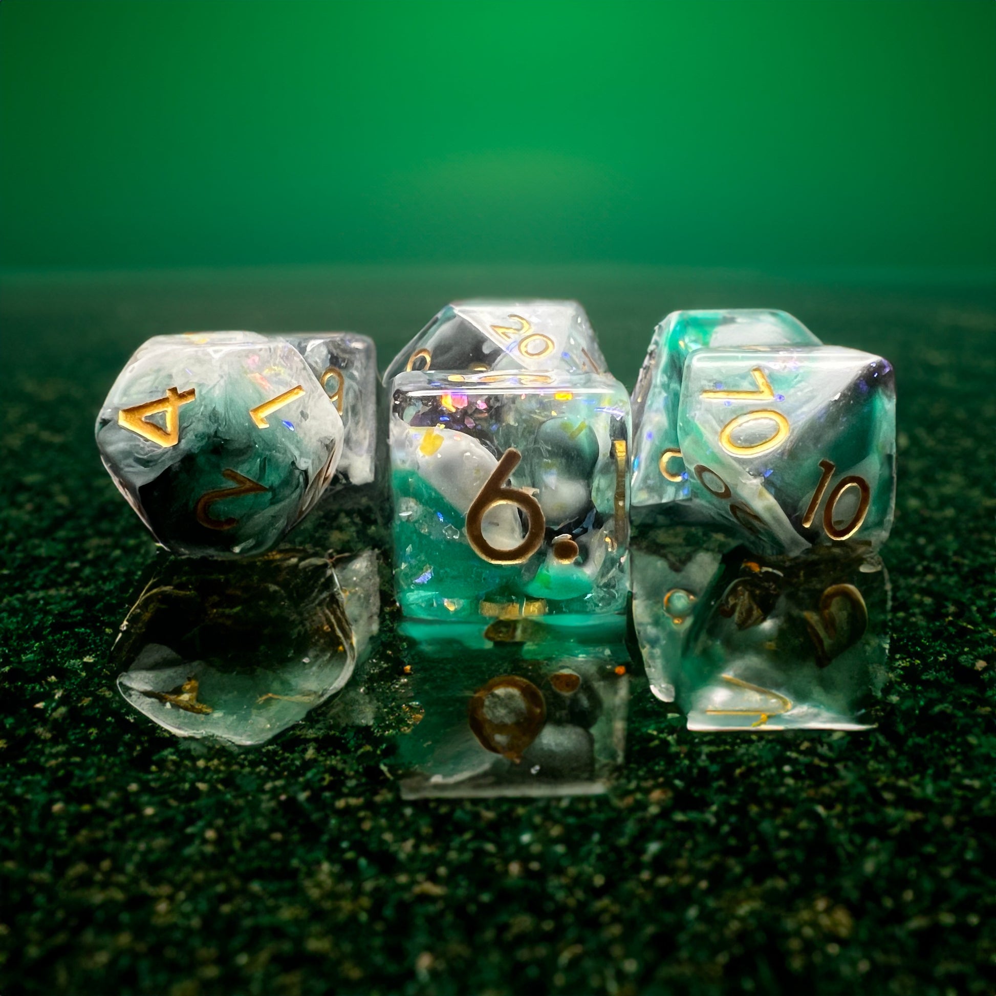 Green & White Glitter Swirl Dice for D&D Pathfinder RPG Clear - DCE45 - Merchants of Immersion