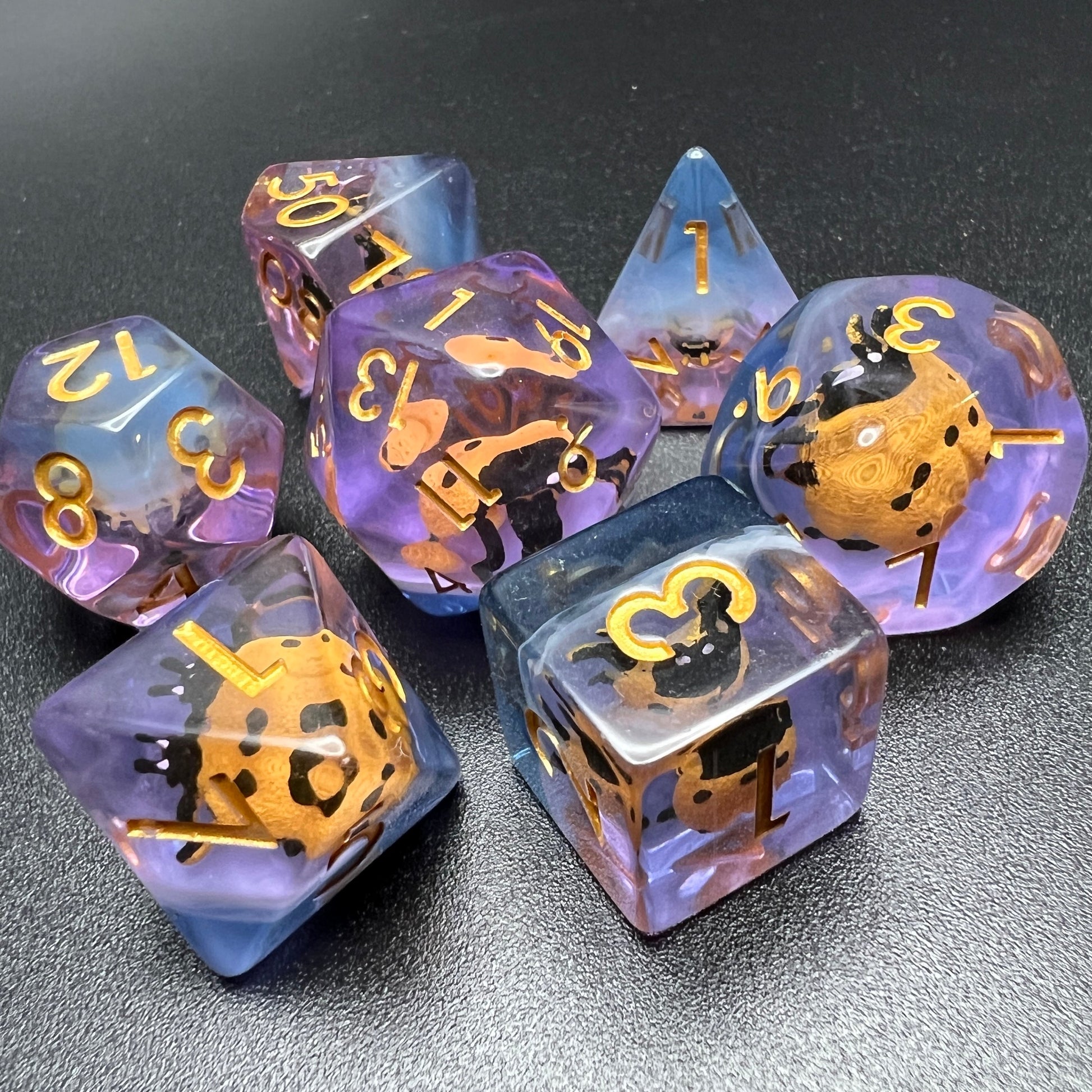 Ladybug Dice Set for D&D Pathfinder RPG - Gold Purple Yellow Orange Lady Bug - DCE30 - Merchants of Immersion