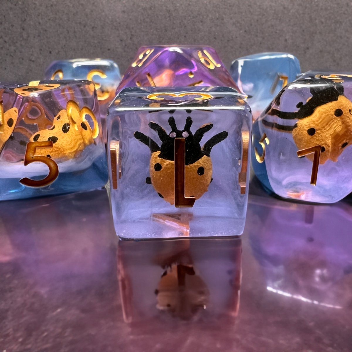 Ladybug Dice Set for D&D Pathfinder RPG - Gold Purple Yellow Orange Lady Bug - DCE30 - Merchants of Immersion