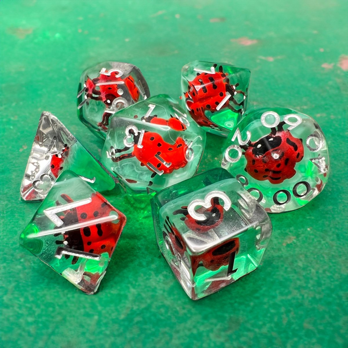 Ladybug Dice Set for D&D Pathfinder RPG - Red Green Lady Bug - DCE29 - Merchants of Immersion