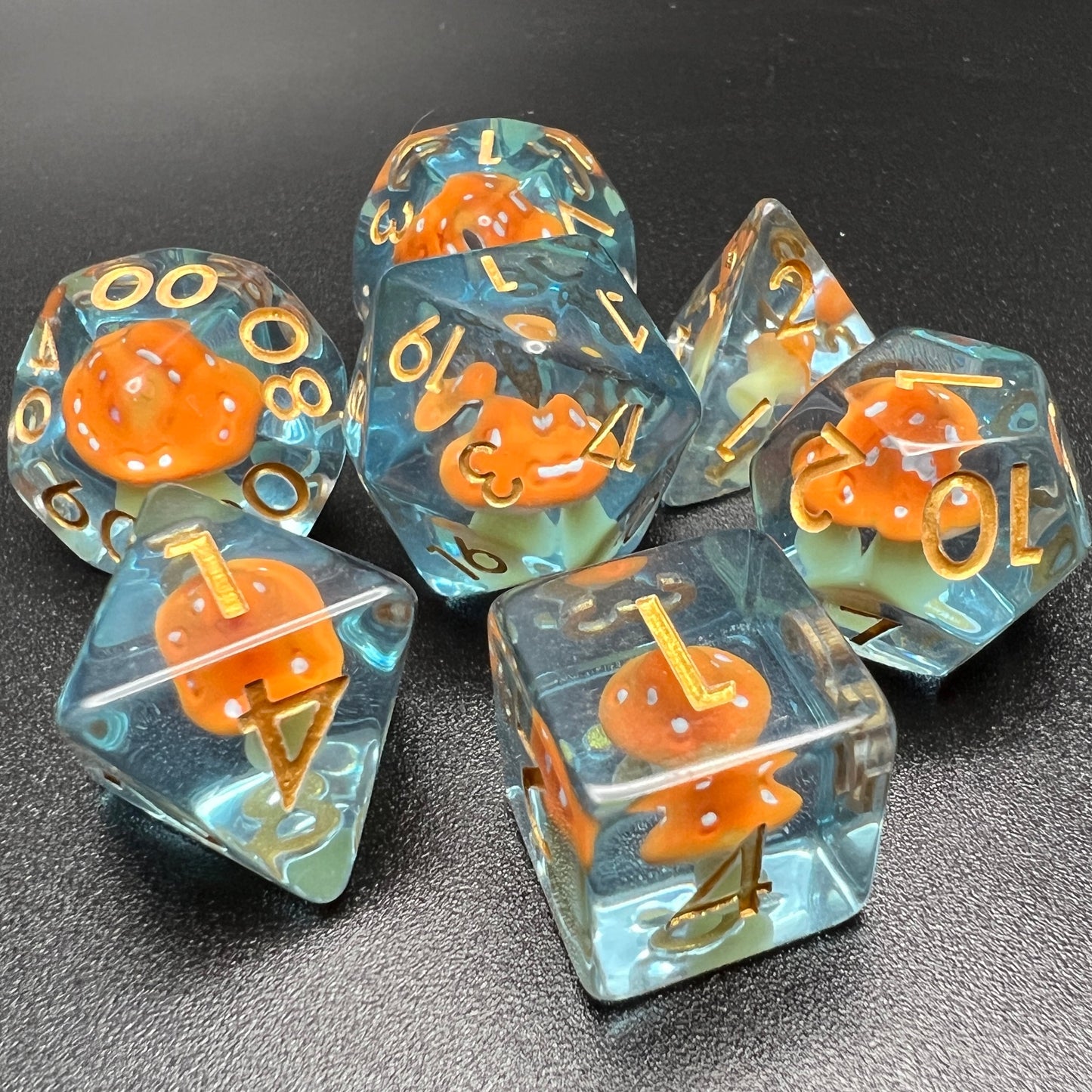 Mushroom Dice Set for D&D Pathfinder RPG - Orange Blue - DCE27 - Merchants of Immersion