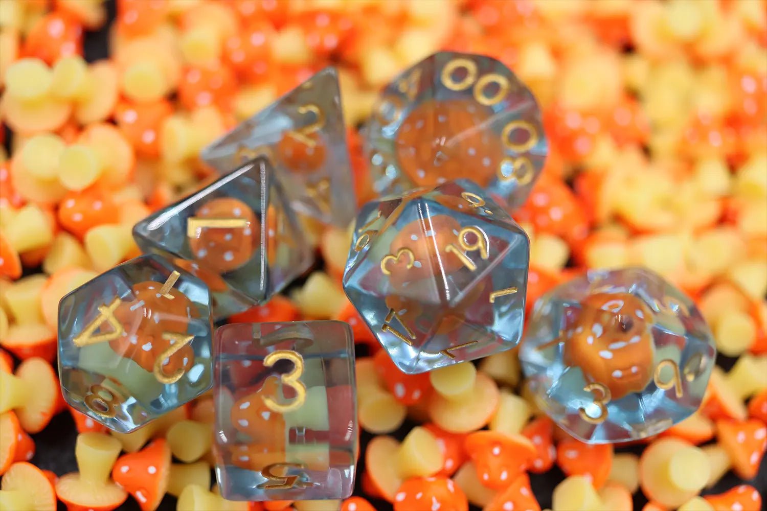 Mushroom Dice Set for D&D Pathfinder RPG - Orange Blue - DCE27 - Merchants of Immersion