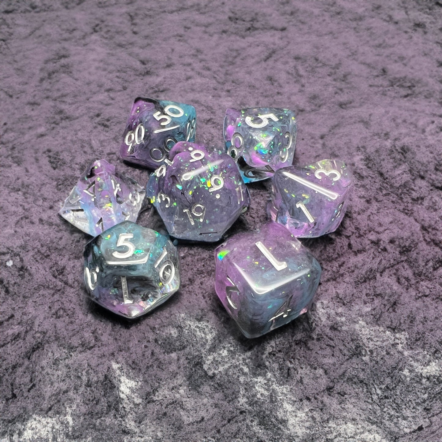 Pink & Blue Glitter Swirl Dice for D&D Pathfinder RPG Black - DCE43 - Merchants of Immersion