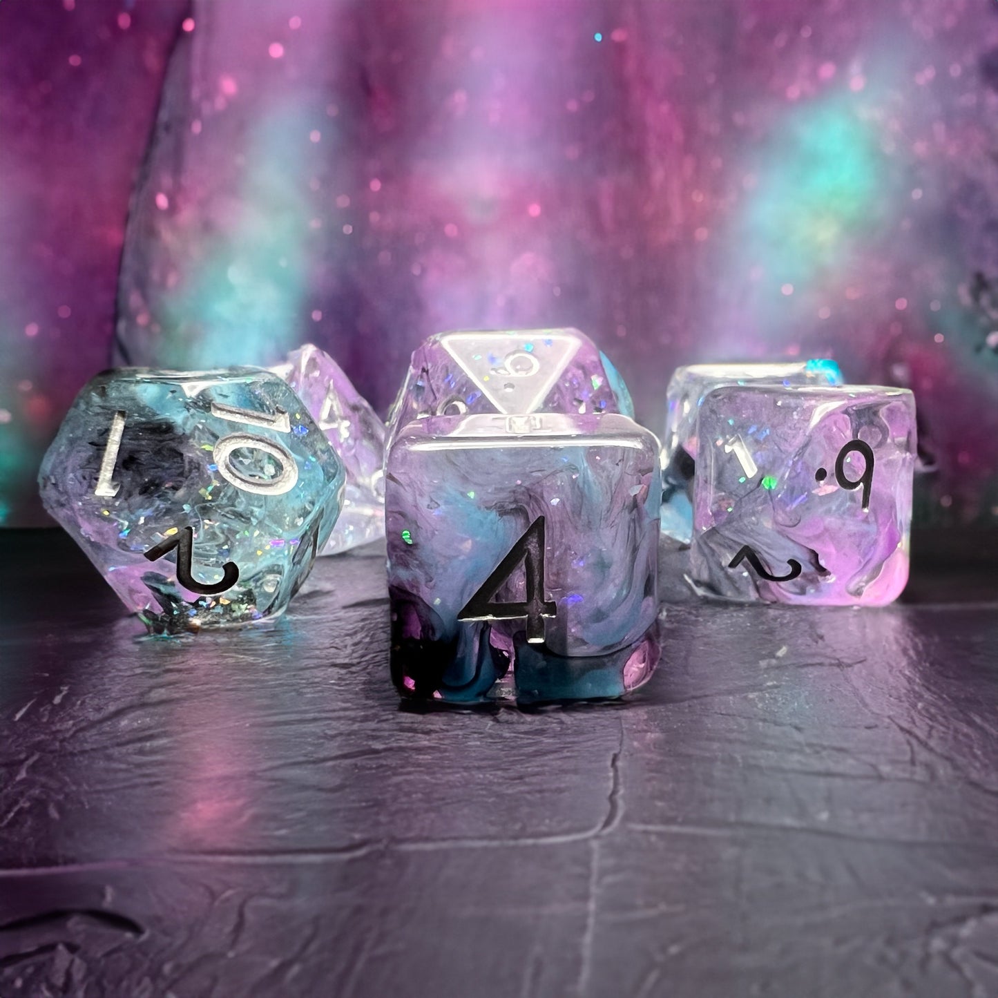 Pink & Blue Glitter Swirl Dice for D&D Pathfinder RPG Black - DCE43 - Merchants of Immersion