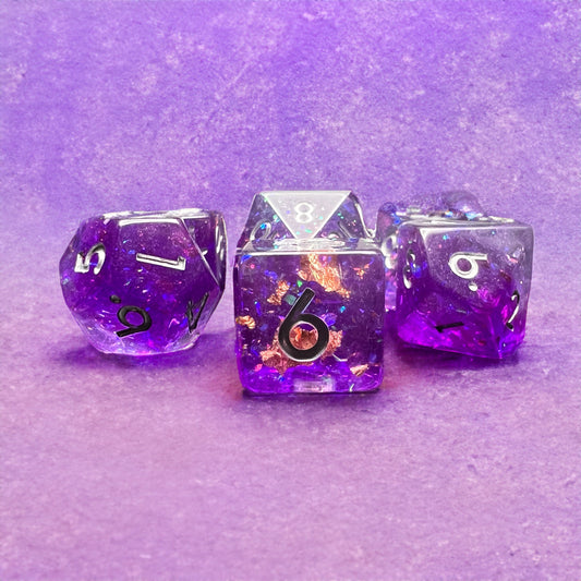 Purple Glitter Copper Foil Dice for D&D Pathfinder RPG - DCE44 - Merchants of Immersion