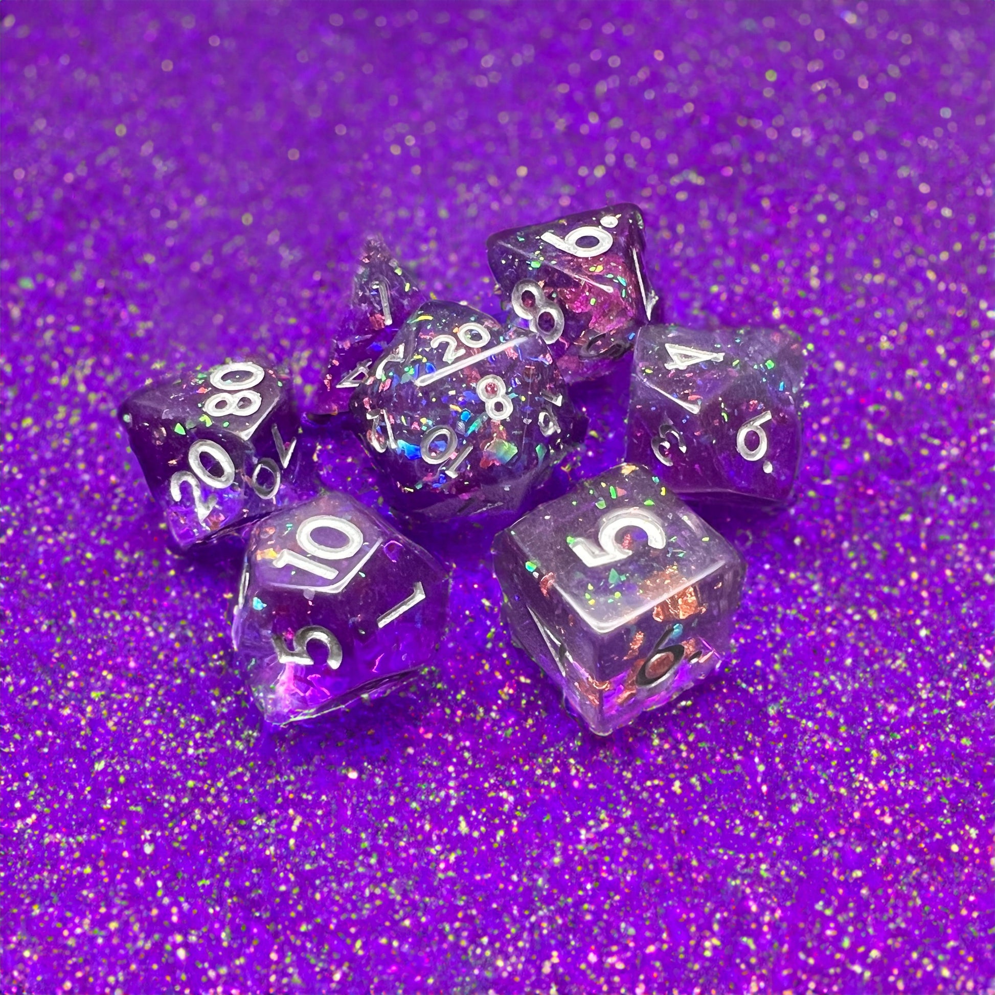 Purple Glitter Copper Foil Dice for D&D Pathfinder RPG - DCE44 - Merchants of Immersion