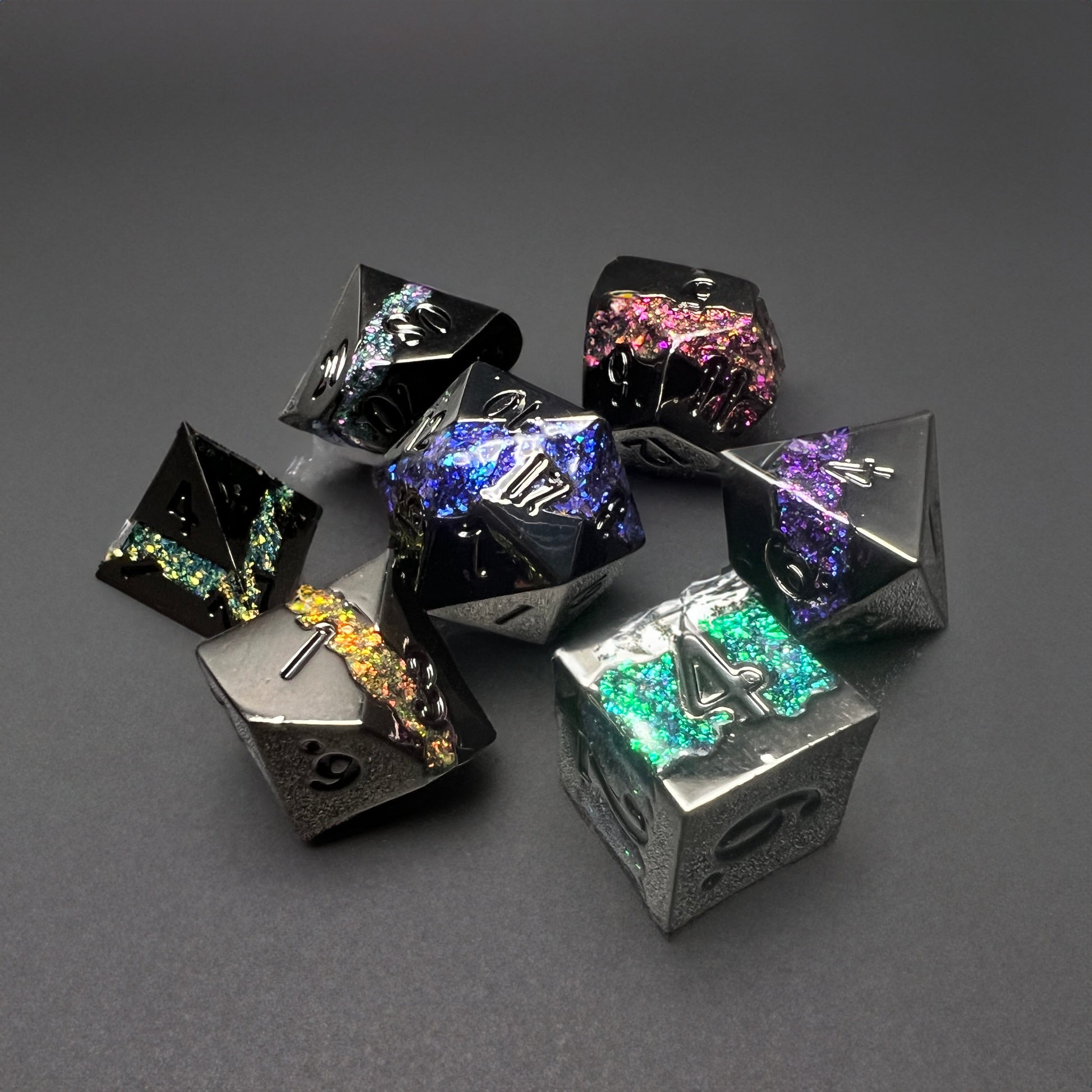 Rift Stones Metal Dice Set for D&D Pathfinder RPG Blue Green Purple Pink Yellow - DCE48 - Merchants of Immersion