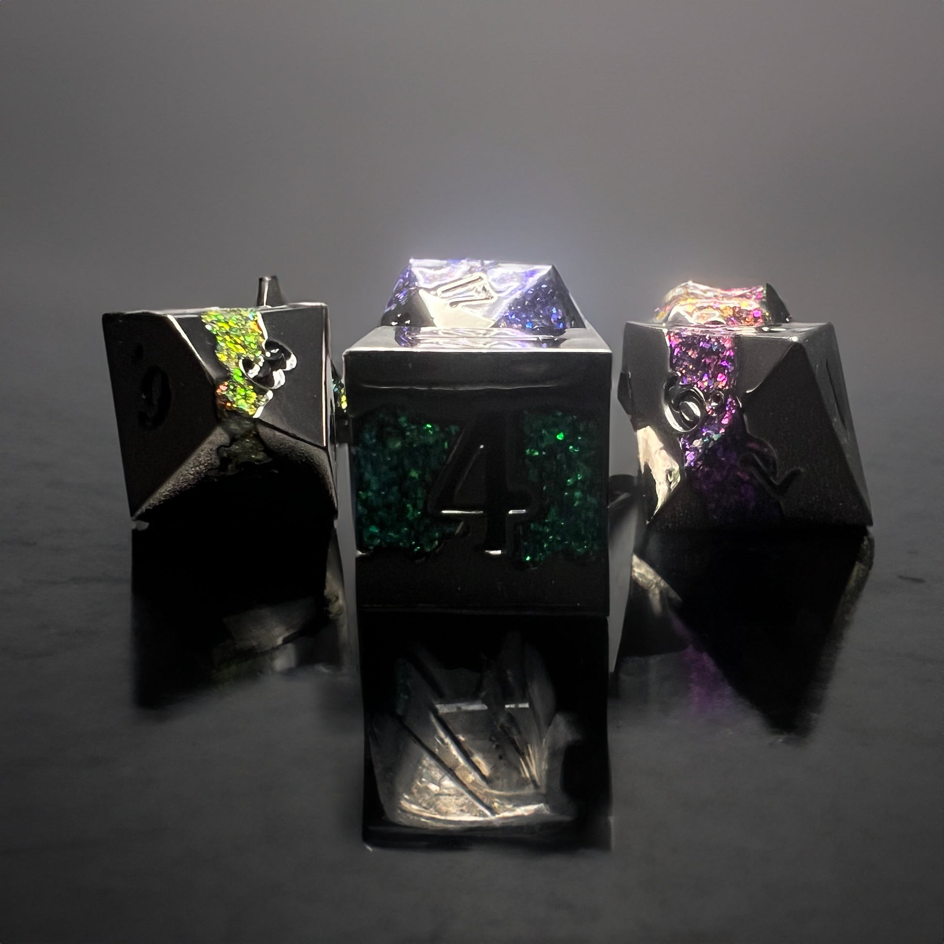 Rift Stones Metal Dice Set for D&D Pathfinder RPG Blue Green Purple Pink Yellow - DCE48 - Merchants of Immersion